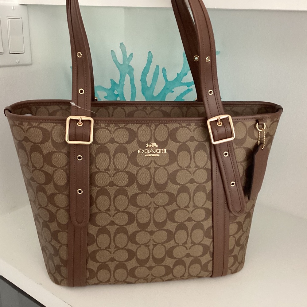NWT COACH Signature Leather TOTE Shoulder Khaki Brown Saddle Bag $500